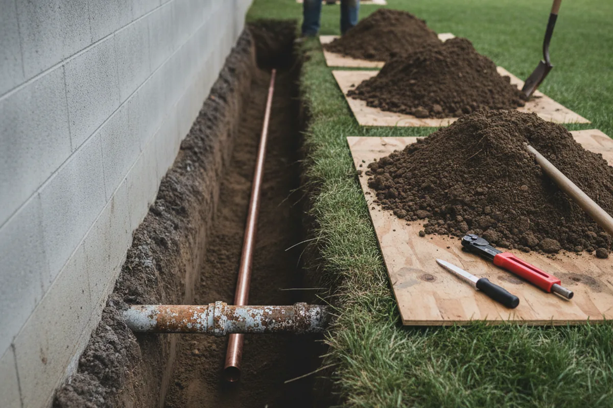 Excavated water line trench during Water Softener Installation in Holy Cross